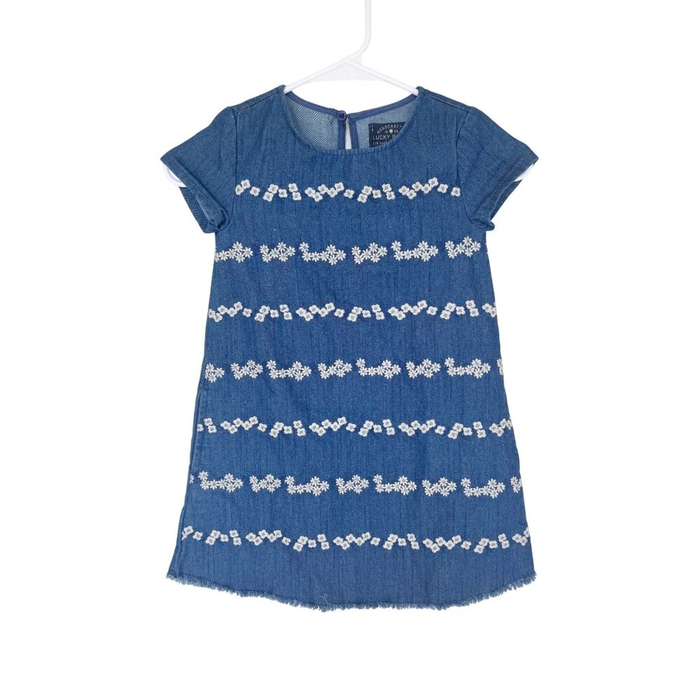 Lucky Brand Girls Embroidered Denim Dress Size 4/5 Short Sleeve Frayed Hem